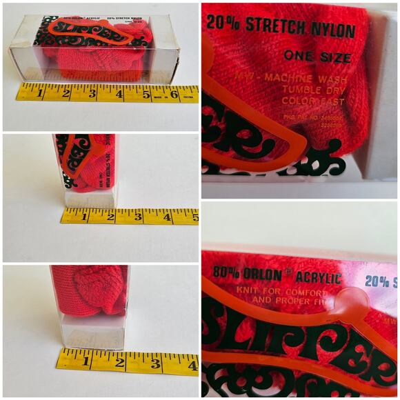 VTG Orlon Slipper Socks Red Stretch Knit Nylon PomPom Vintage 70s One Size - Picture 6 of 7